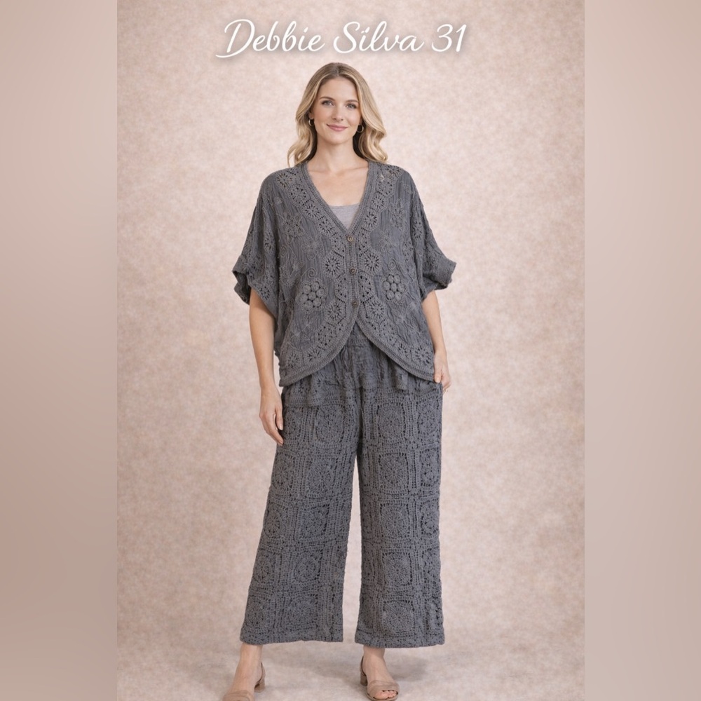 NEW POL Gray Crochet Top & Pants Set OS Boho Chic